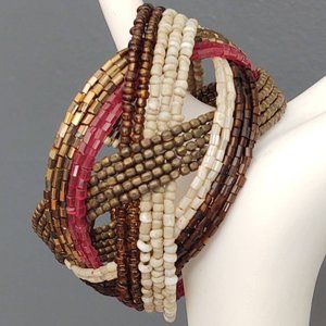 Bronze, red & tan seed & metal beaded bracelet